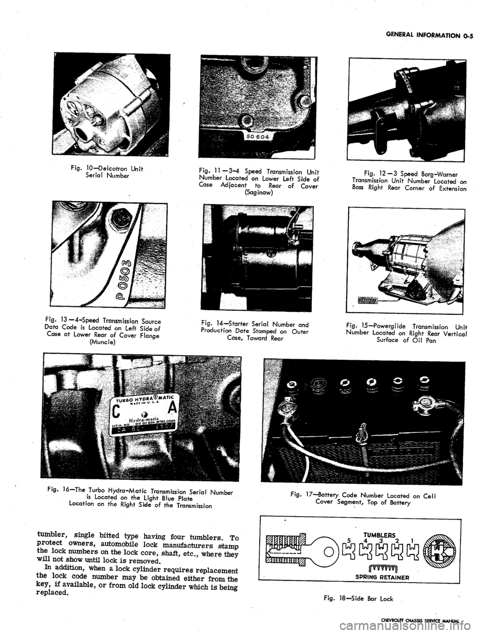 CHEVROLET CAMARO 1967 1.G Chassis Workshop Manual 
GENERAL INFORMATION 0-5

Fig.
 10—Delcotron Unit

Serial Number 
Fig.
 11—3-4 Speed Transmission Unit

Number Located on Lower Left Side of

Case Adjacent to Rear of Cover

(Saginaw) 
Fig.
 12-3 