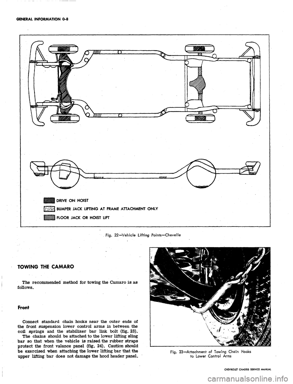 CHEVROLET CAMARO 1967 1.G Chassis Workshop Manual 
GENERAL INFORMATION 0-8

nun

Illllfl Q

i,,,,,,,,

DRIVE ON HOIST

BUMPER JACK LIFTING AT FRAME ATTACHMENT ONLY

FLOOR JACK OR HOIST LIFT

Fig.
 22—Vehicle Lifting Points—Chevelle

TOWING THE CA