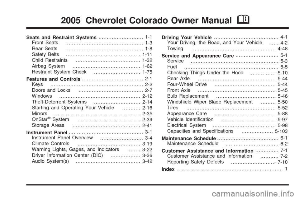 CHEVROLET COLORADO 2005 1.G Owners Manual Seats and Restraint Systems........................... 1-1
Front Seats
............................................... 1-3
Rear Seats
............................................... 1-8
Safety Belts
.