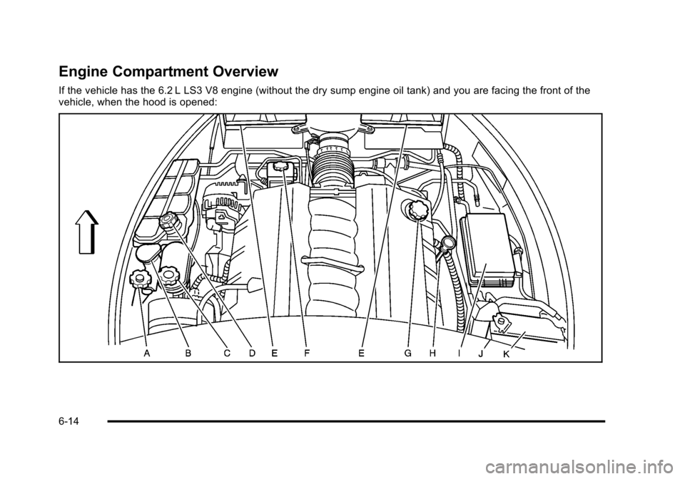 CHEVROLET CORVETTE 2010 6.G Owners Manual Engine Compartment Overview
If the vehicle has the 6.2 L LS3 V8 engine (without the dry sump engine oil tank) and you are facing the front of the 
vehicle, when the hood is opened: 
6-14 