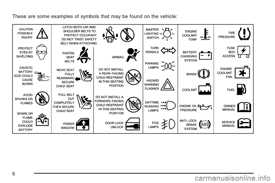 CHEVROLET EQUINOX 2007 1.G Owners Manual These are some examples of symbols that may be found on the vehicle:
6 