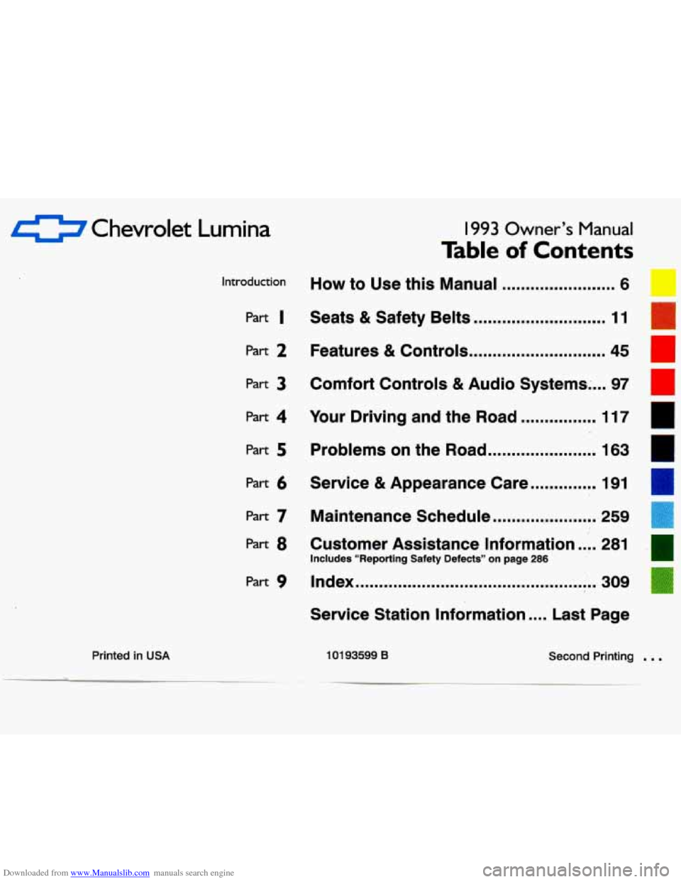 CHEVROLET LUMINA 1993 1.G Owners Manual Downloaded from www.Manualslib.com manuals search engine 0 Chevrolet Lumina I993 Owner’s Nanual 
Table of Contents 
Printed  in USA 
Part 2 
Part 3 
Part 4 
Part 5 
Part 6 
Introduction How to  Use 