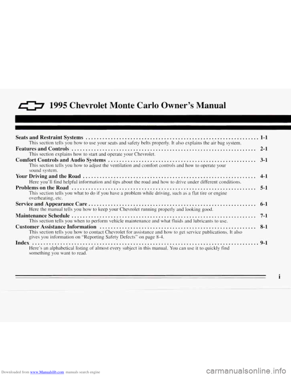 CHEVROLET MONTE CARLO 1995 5.G Owners Manual Downloaded from www.Manualslib.com manuals search engine 0 1995 Chevrolet  Monte  Carlo  Owners  Manual 
Seats  and  Restraint  Systems .............................................................. 