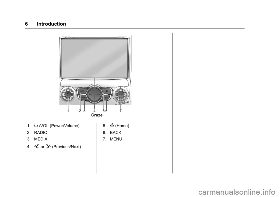CHEVROLET SPARK 2016 4.G Infotainment Manual Chevrolet MyLink Infotainment System (GMNA-Localizing-U.S/Canada-
9085900) - 2016 - CRC - 8/10/15
6 Introduction
Cruze
1.
O/VOL (Power/Volume)
2. RADIO
3. MEDIA
4.
{or|(Previous/Next) 5.
{(Home)
6. BA