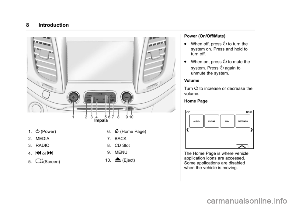 CHEVROLET SPARK 2016 4.G Infotainment Manual Chevrolet MyLink Infotainment System (GMNA-Localizing-U.S/Canada-
9085900) - 2016 - CRC - 8/10/15
8 Introduction
Impala
1.
O(Power)
2. MEDIA
3. RADIO
4.
gord
5.P(Screen) 6.
{(Home Page)
7. BACK
8. CD 