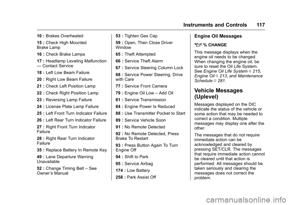 CHEVROLET SPARK 2017 4.G Owners Manual Chevrolet Spark Owner Manual (GMNA-Localizing-U.S./Canada-9956101) -
2017 - crc - 4/25/16
Instruments and Controls 117
10 :Brakes Overheated
15 : Check High Mounted
Brake Lamp
16 : Check Brake Lamps
1