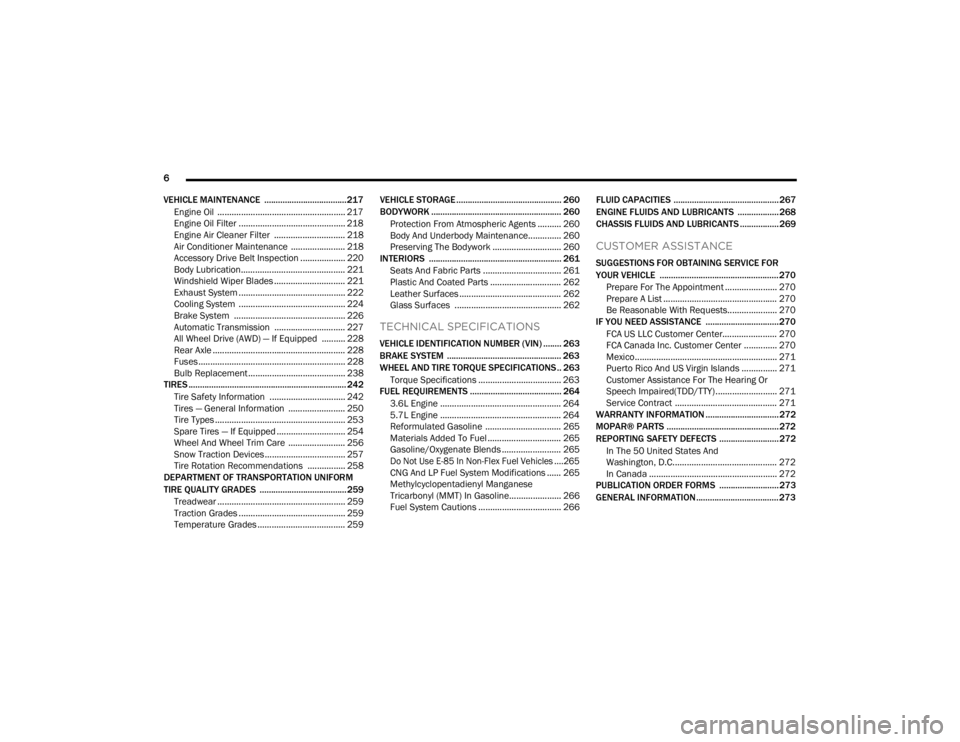 CHRYSLER 300 2022  Owners Manual 
6 
VEHICLE MAINTENANCE  .................................... 217 Engine Oil  ...................................................... 217Engine Oil Filter ............................................. 