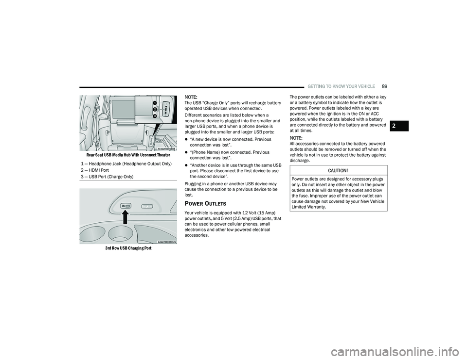 CHRYSLER PACIFICA 2021  Owners Manual 
GETTING TO KNOW YOUR VEHICLE89

Rear Seat USB Media Hub With Uconnect Theater
3rd Row USB Charging Port

NOTE:The USB “Charge Only” ports will recharge battery 
operated USB devices when connecte