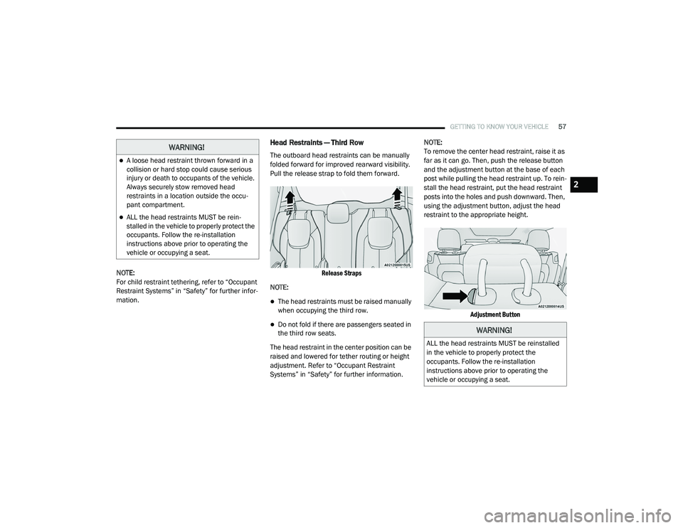CHRYSLER VOYAGER 2020  Owners Manual 
GETTING TO KNOW YOUR VEHICLE57
NOTE:
For child restraint tethering, refer to “Occupant 
Restraint Systems” in “Safety” for further infor -
mation.
Head Restraints — Third Row
The outboard h