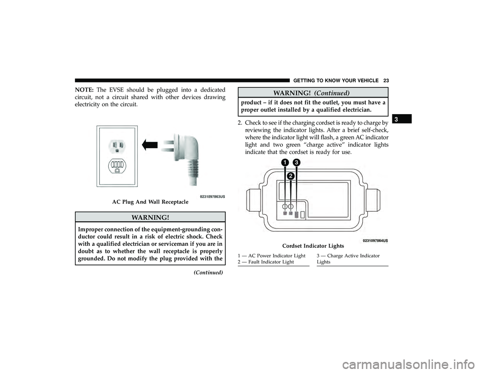 CHRYSLER PACIFICA HYBRID 2019  Owners Manual NOTE:The EVSE should be plugged into a dedicated
circuit, not a circuit shared with other devices drawing
electricity on the circuit.
WARNING!
Improper connection of the equipment-grounding con-
ducto