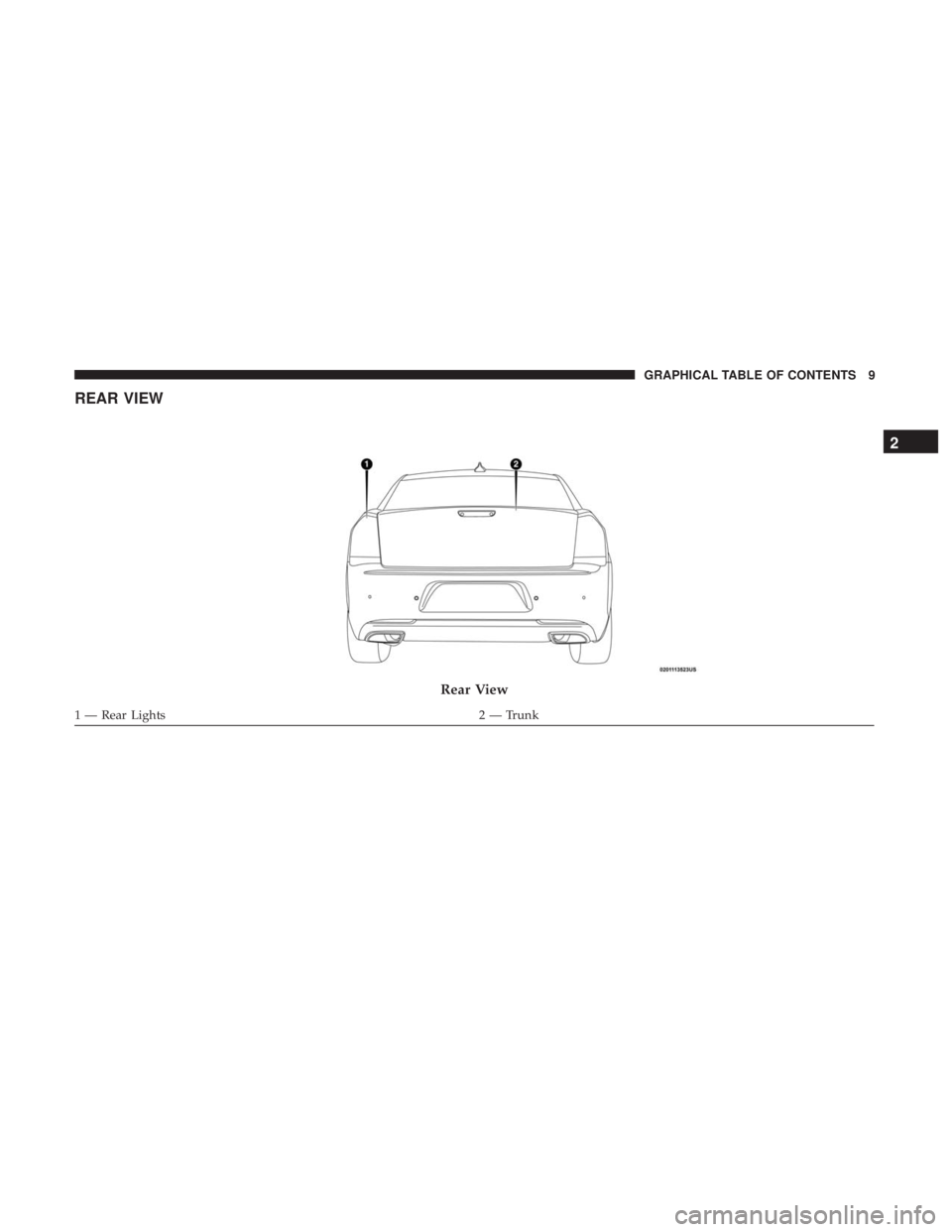 CHRYSLER 300 2018  Owners Manual REAR VIEW
Rear View
1 — Rear Lights2 — Trunk
2
GRAPHICAL TABLE OF CONTENTS 9 