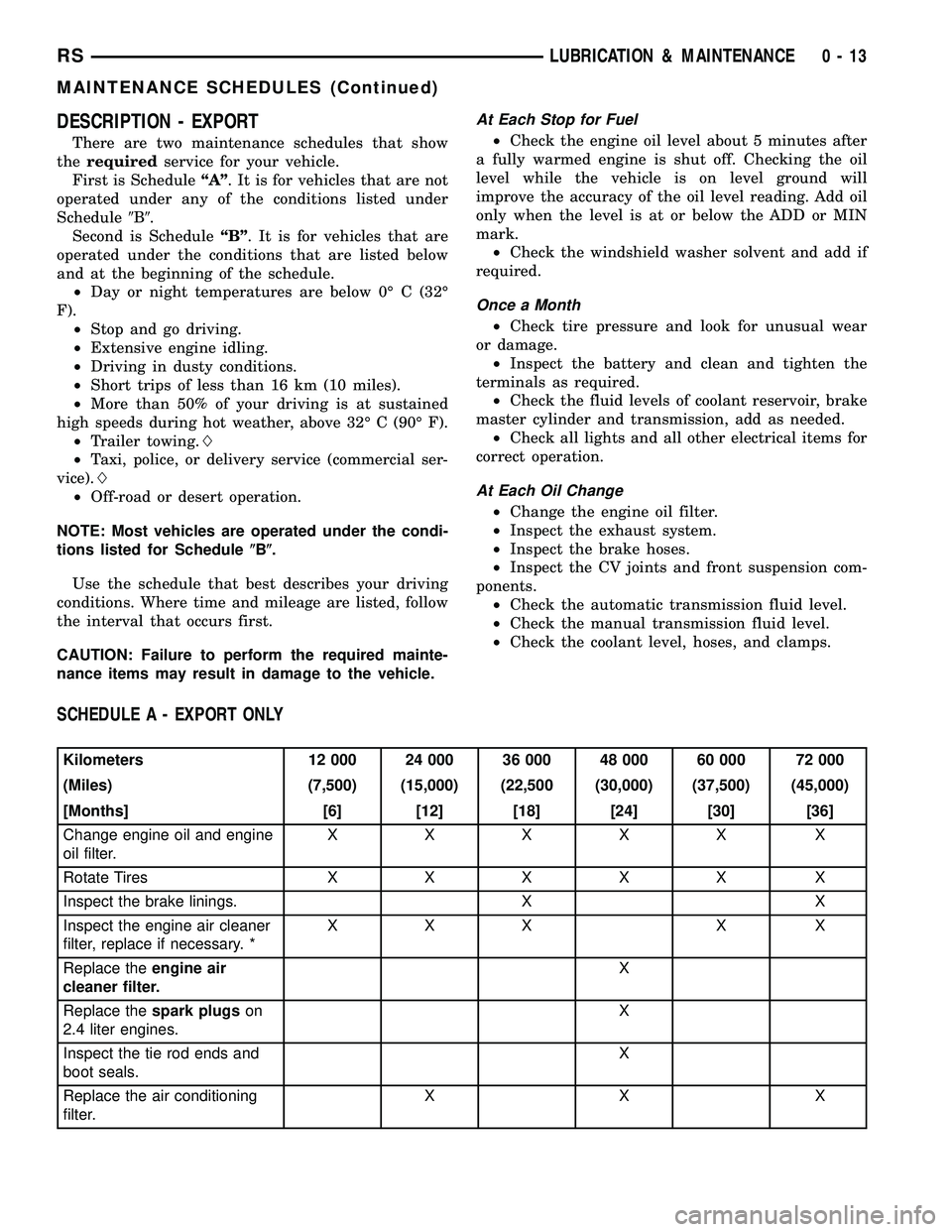 CHRYSLER CARAVAN 2005  Service Manual DESCRIPTION - EXPORT
There are two maintenance schedules that show
therequiredservice for your vehicle.
First is ScheduleªAº. It is for vehicles that are not
operated under any of the conditions lis