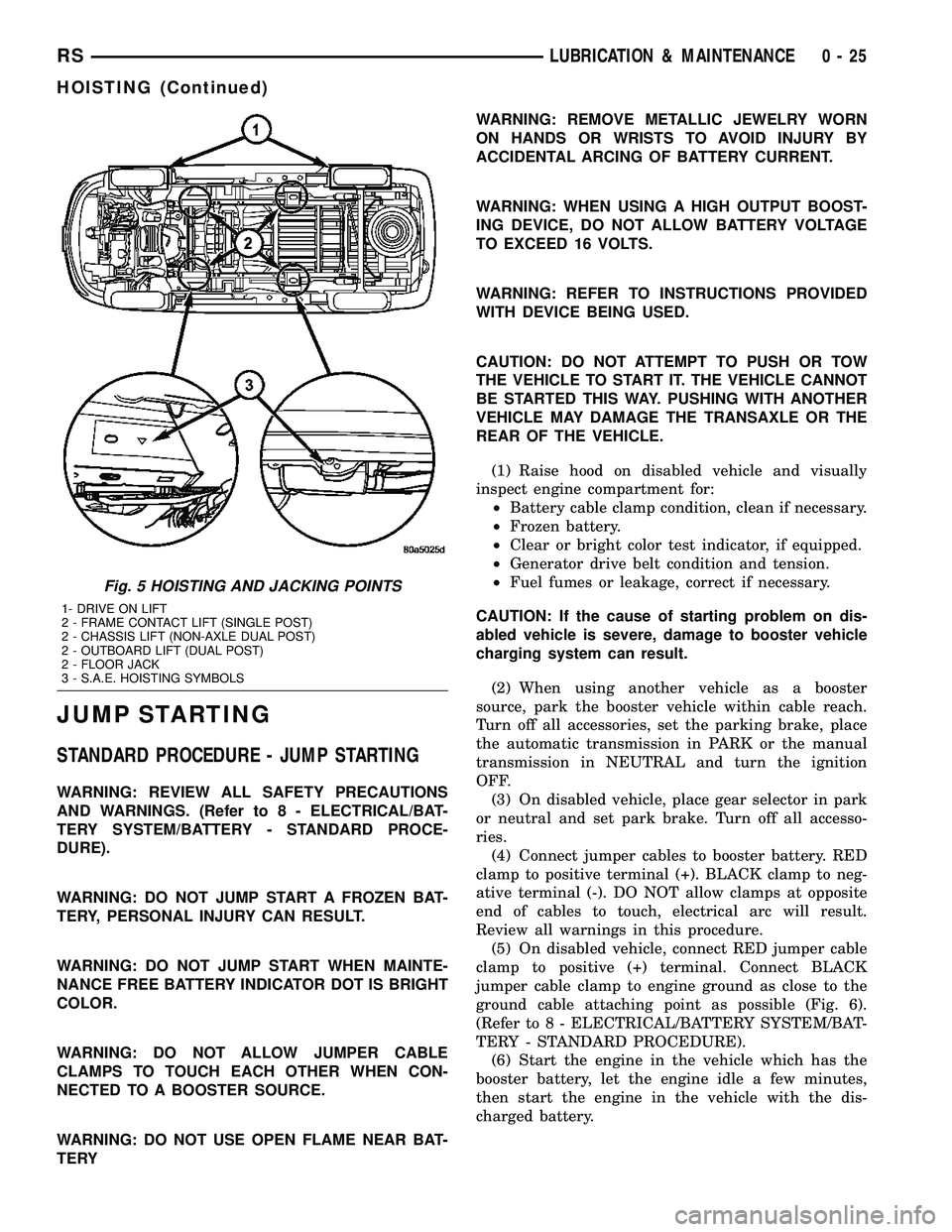 CHRYSLER CARAVAN 2005  Service Manual JUMP STARTING
STANDARD PROCEDURE - JUMP STARTING
WARNING: REVIEW ALL SAFETY PRECAUTIONS
AND WARNINGS. (Refer to 8 - ELECTRICAL/BAT-
TERY SYSTEM/BATTERY - STANDARD PROCE-
DURE).
WARNING: DO NOT JUMP ST