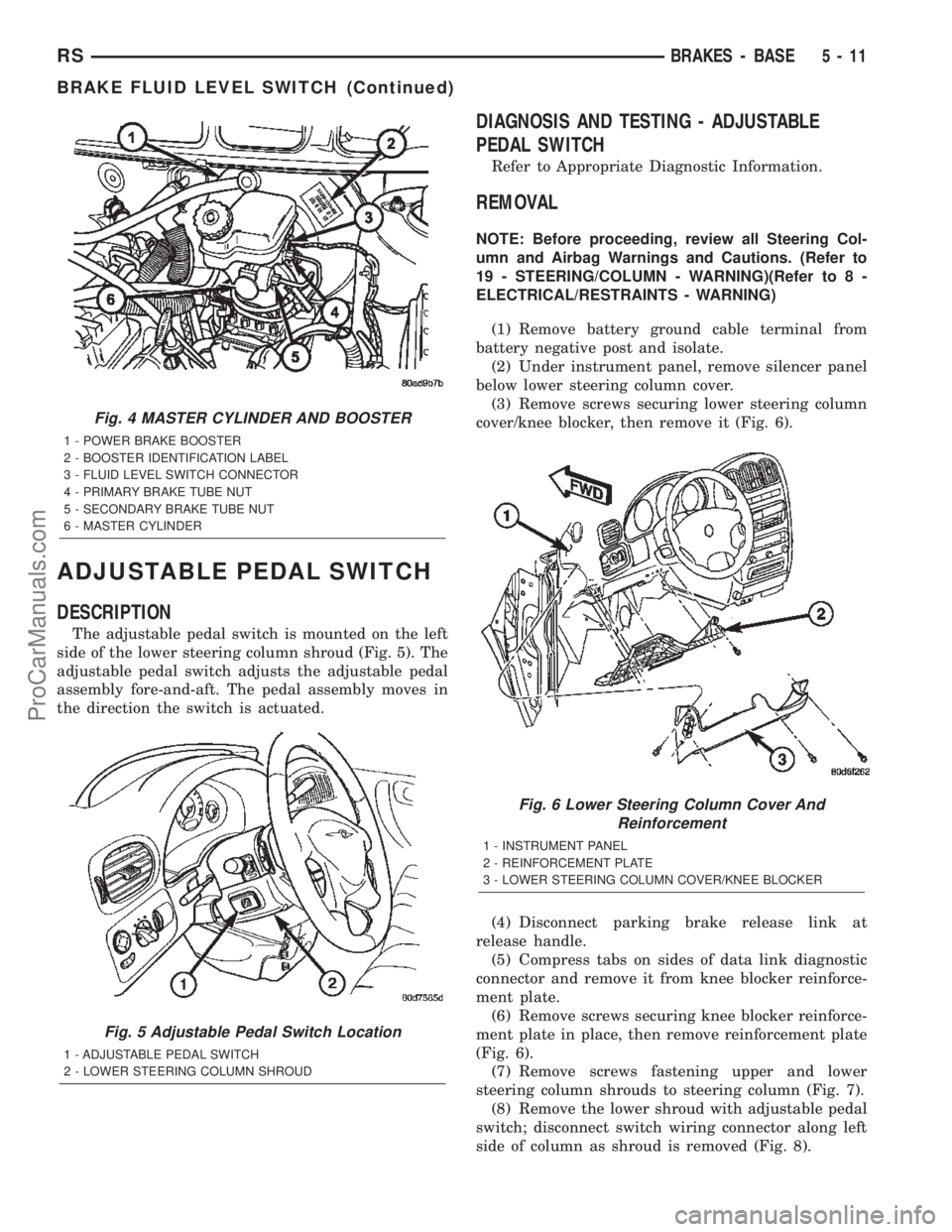 CHRYSLER TOWN AND COUNTRY 2002  Service Manual ADJUSTABLE PEDAL SWITCH
DESCRIPTION
The adjustable pedal switch is mounted on the left
side of the lower steering column shroud (Fig. 5). The
adjustable pedal switch adjusts the adjustable pedal
assem
