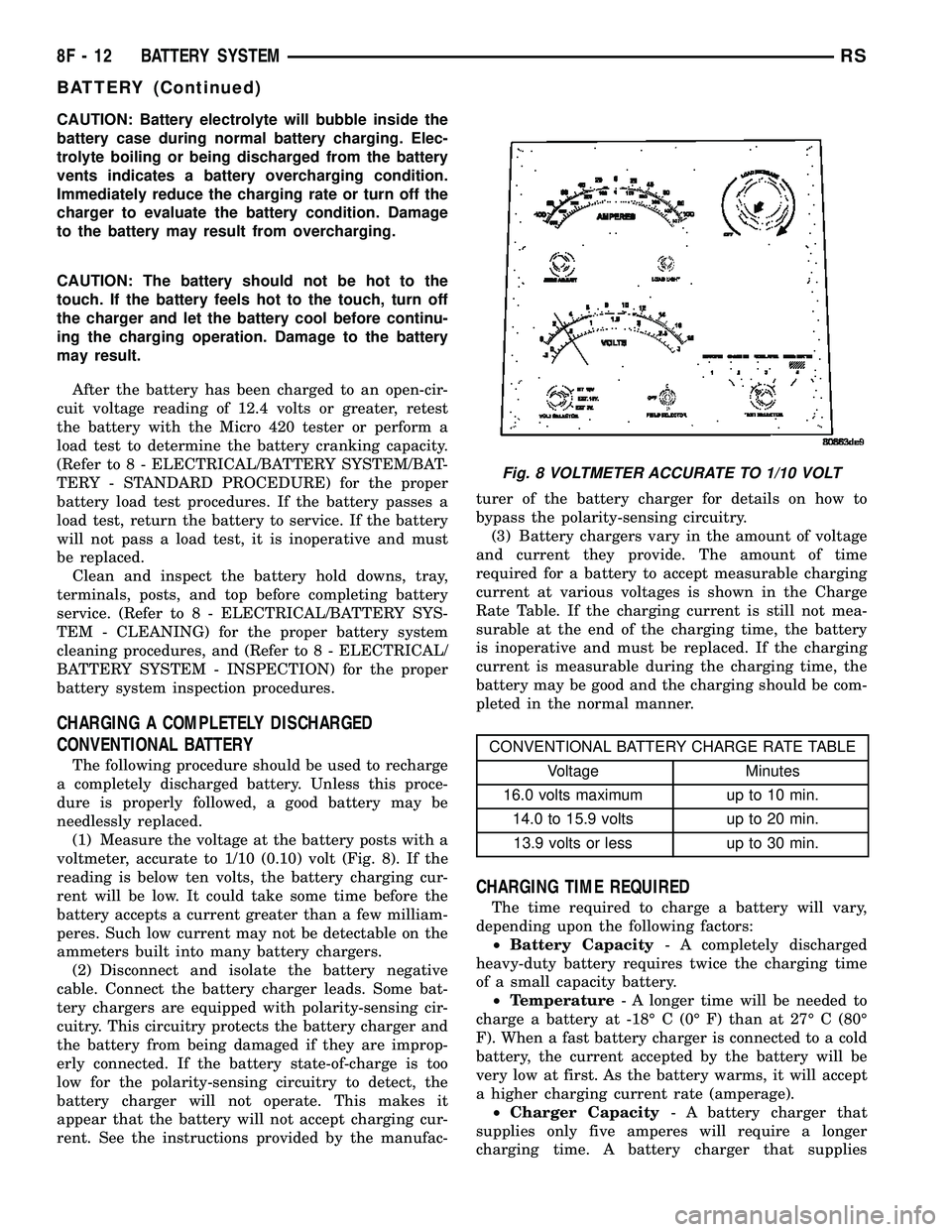 CHRYSLER VOYAGER 2005  Service Manual CAUTION: Battery electrolyte will bubble inside the
battery case during normal battery charging. Elec-
trolyte boiling or being discharged from the battery
vents indicates a battery overcharging condi