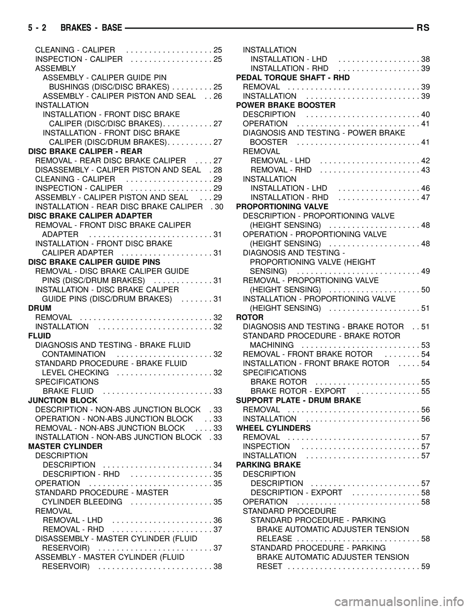 CHRYSLER VOYAGER 2004  Service Manual CLEANING - CALIPER...................25
INSPECTION - CALIPER..................25
ASSEMBLY
ASSEMBLY - CALIPER GUIDE PIN
BUSHINGS (DISC/DISC BRAKES).........25
ASSEMBLY - CALIPER PISTON AND SEAL . . 26
