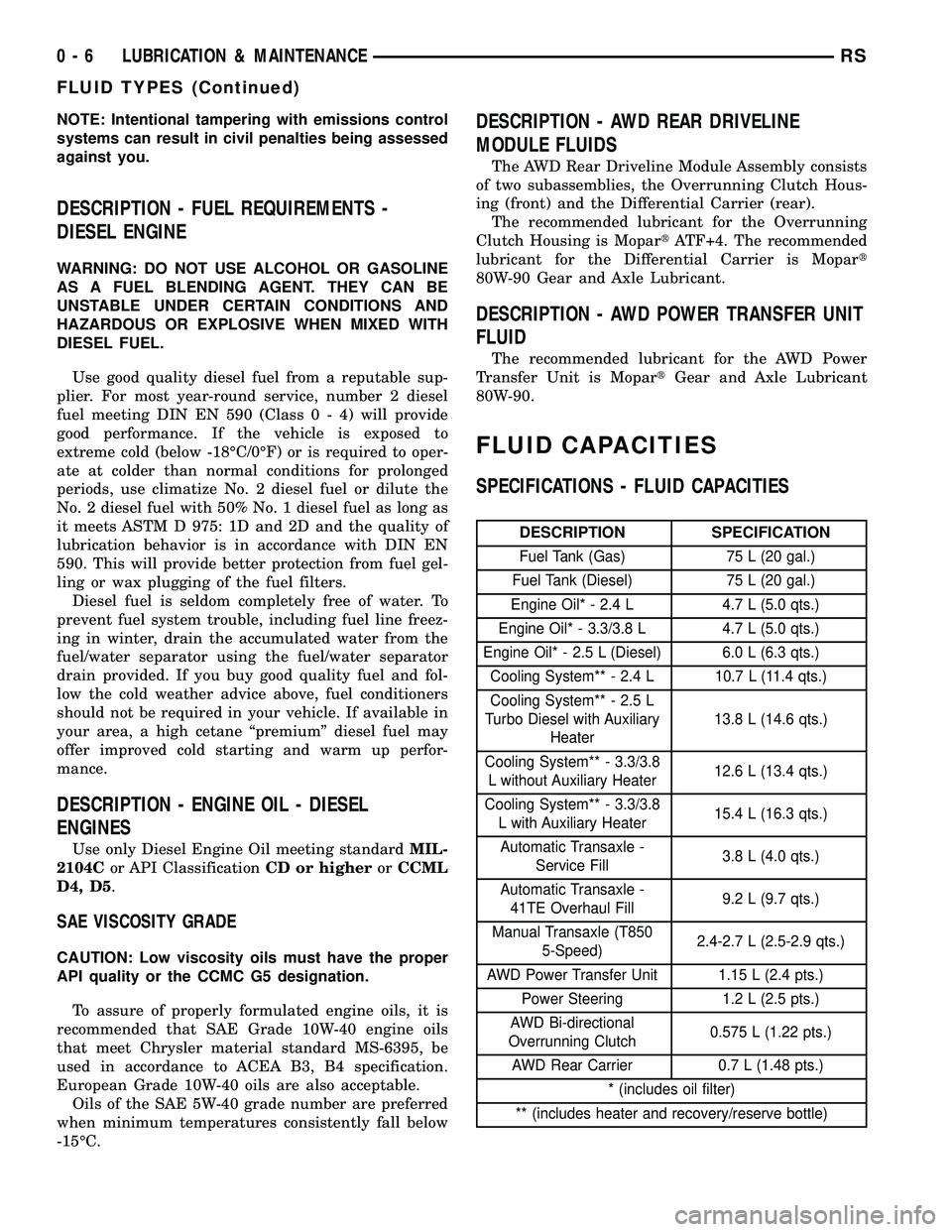 CHRYSLER VOYAGER 2004  Service Manual NOTE: Intentional tampering with emissions control
systems can result in civil penalties being assessed
against you.
DESCRIPTION - FUEL REQUIREMENTS -
DIESEL ENGINE
WARNING: DO NOT USE ALCOHOL OR GASO