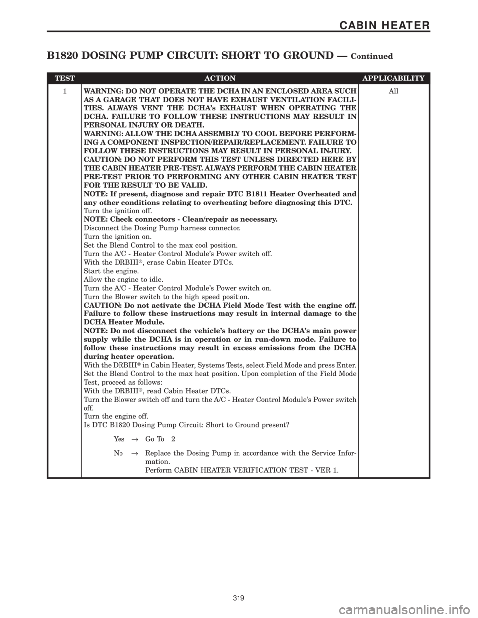 CHRYSLER VOYAGER 2001  Service Manual TEST ACTION APPLICABILITY
1WARNING: DO NOT OPERATE THE DCHA IN AN ENCLOSED AREA SUCH
AS A GARAGE THAT DOES NOT HAVE EXHAUST VENTILATION FACILI-
TIES. ALWAYS VENT THE DCHAs EXHAUST WHEN OPERATING THE
