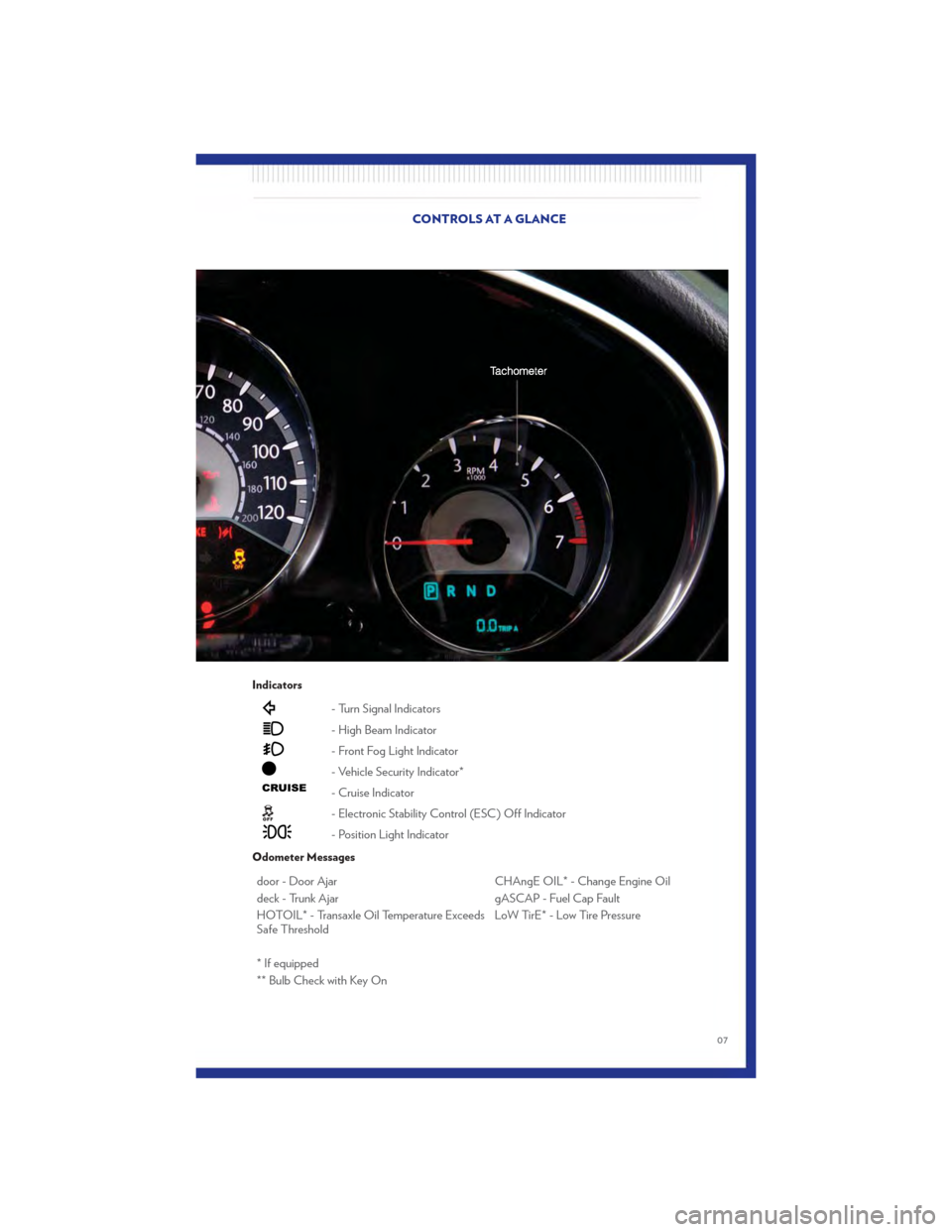 CHRYSLER 200 2011 1.G User Guide Indicators
- Turn Signal Indicators
- High Beam Indicator
- Front Fog Light Indicator
- Vehicle Security Indicator*
- Cruise Indicator
- Electronic Stability Control (ESC) Off Indicator
- Position Lig