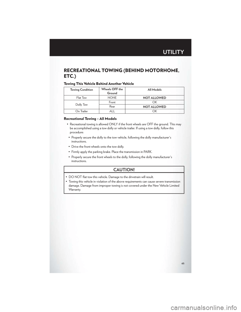 CHRYSLER 200 2012 1.G User Guide RECREATIONAL TOWING (BEHIND MOTORHOME,
ETC.)
Towing This Vehicle Behind Another Vehicle
Towing ConditionWheels OFF the
Ground All Models
Flat Tow NONE NOT ALLOWED
Dolly Tow Front
OK
Rear NOT ALLOWED
O