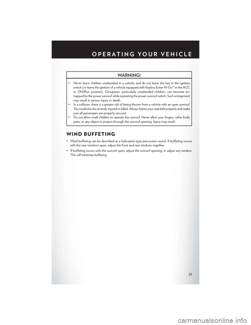 CHRYSLER 200 2013 1.G Owners Manual WARNING!
• Never leave children unattended in a vehicle, and do not leave the key in the ignitionswitch (or leave the ignition of a vehicle equipped with Keyless Enter-N-Go™ in the ACC
or ON/Run p