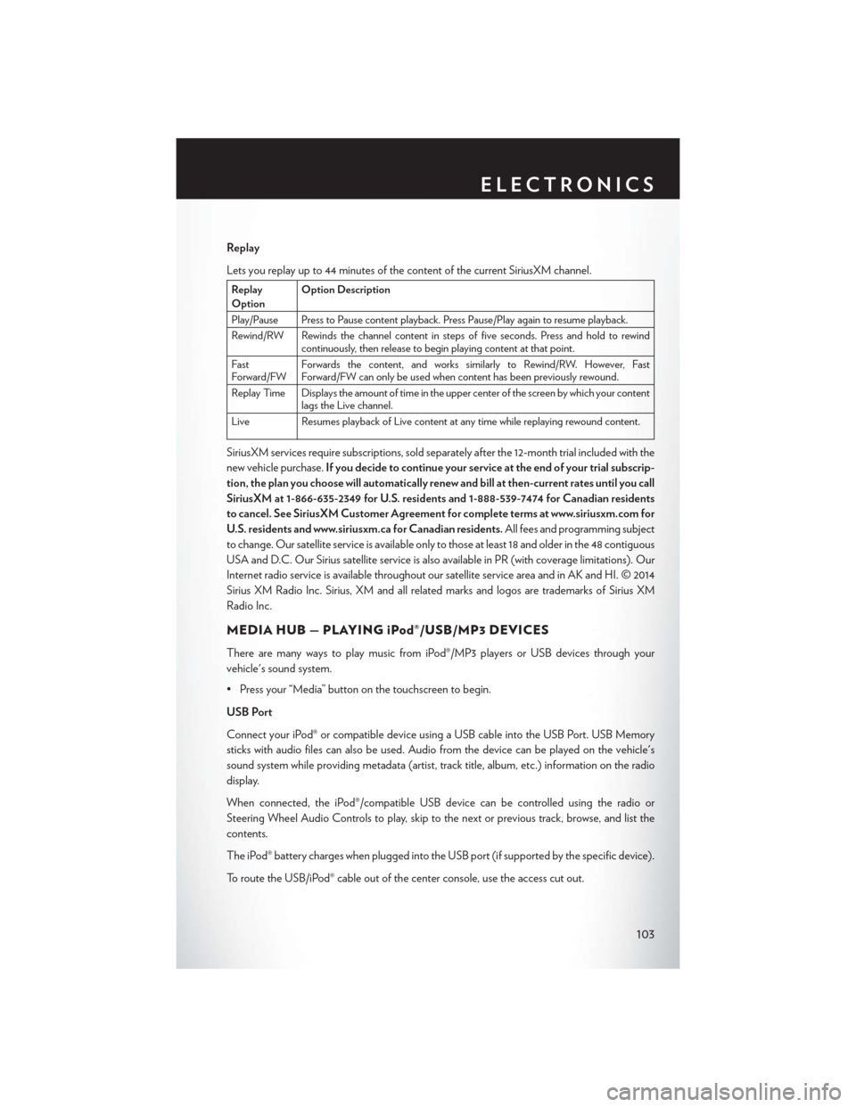 CHRYSLER 200 2015 2.G User Guide Replay
Lets you replay up to 44 minutes of the content of the current SiriusXM channel.
Replay
OptionOption Description
Play/Pause Press to Pause content playback. Press Pause/Play again to resume pla