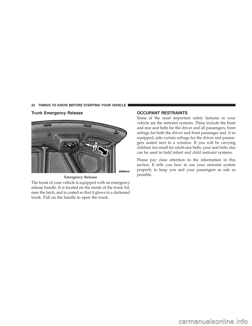 CHRYSLER 300 2007 1.G Owners Guide Trunk Emergency Release
The trunk of your vehicle is equipped with an emergency
release handle. It is located on the inside of the trunk lid,
near the latch, and is coated so that it glows in a darken