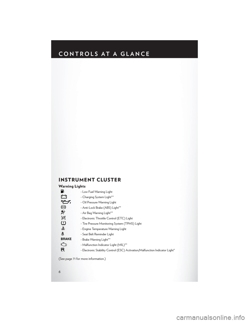 CHRYSLER 300 2013 2.G User Guide INSTRUMENT CLUSTER
Warning Lights
- Low Fuel Warning Light
- Charging System Light**
- Oil Pressure Warning Light
- Anti-Lock Brake (ABS) Light**
- Air Bag Warning Light**
- Electronic Throttle Contro