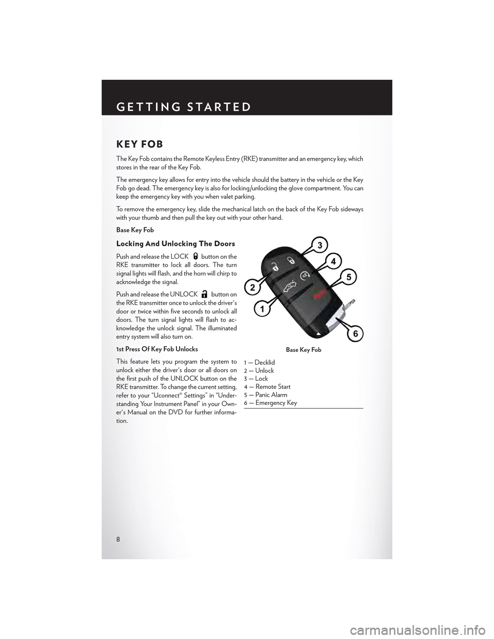 CHRYSLER 300 2015 2.G User Guide KEY FOB
The Key Fob contains the Remote Keyless Entry (RKE) transmitter and an emergency key, which
stores in the rear of the Key Fob.
The emergency key allows for entry into the vehicle should the ba