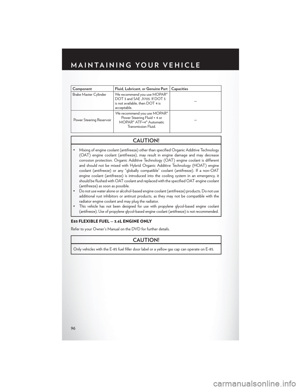 CHRYSLER 200 CONVERTIBLE 2013 1.G User Guide ComponentFluid, Lubricant, or Genuine Part Capacities
Brake Master Cylinder We recommend you use MOPAR® DOT 3 and SAE J1703. If DOT 3
is not available, then DOT 4 is
acceptable. —
Power Steering Re
