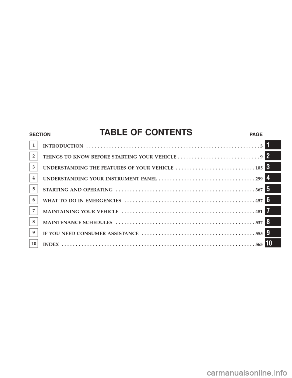 CHRYSLER 300 SRT 2014 2.G Owners Manual TABLE OF CONTENTSSECTIONPAGE
1
INTRODUCTION .............................................................3
2
THINGS TO KNOW BEFORE STARTING YOUR VEHICLE .............................9
3
UNDERSTANDING 