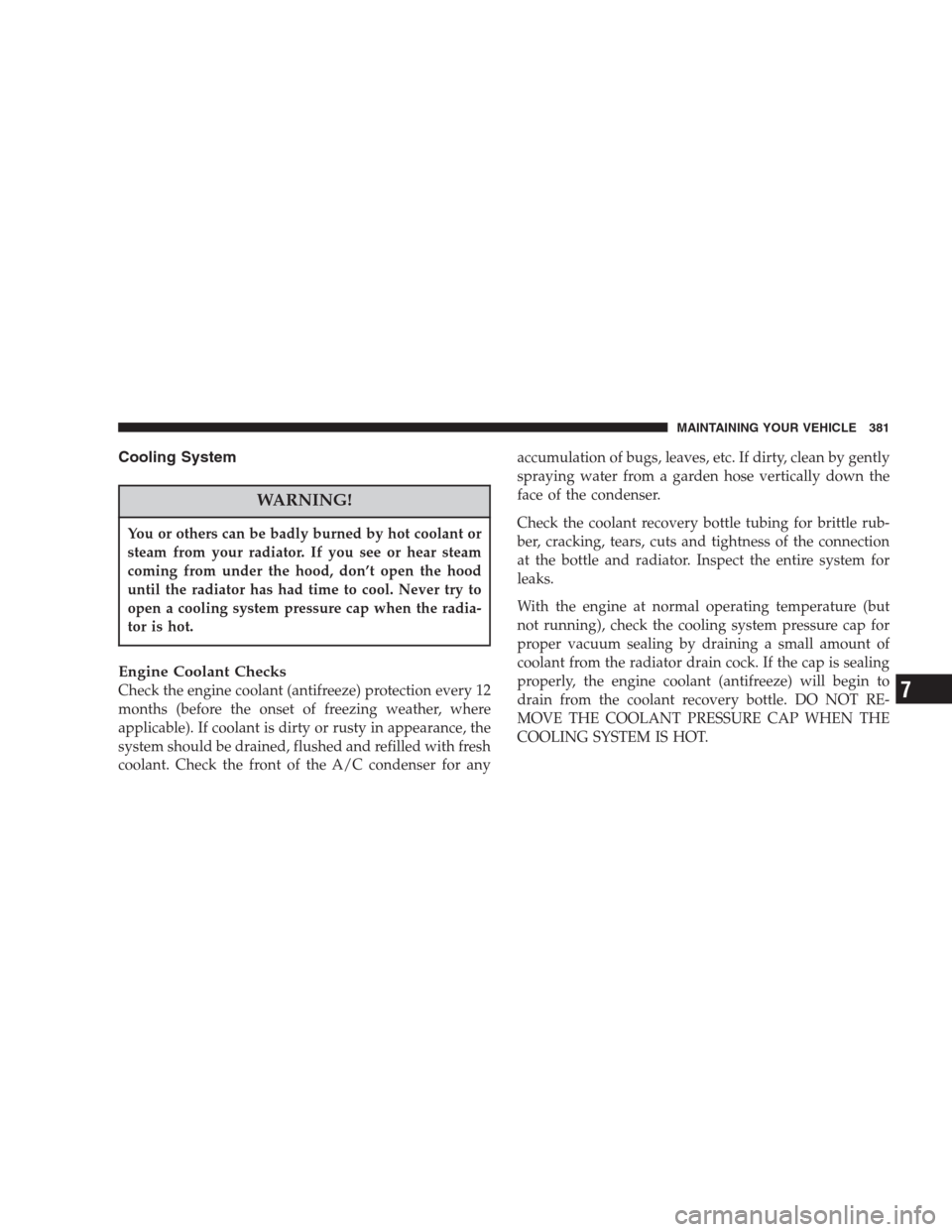 CHRYSLER ASPEN 2007 2.G Owners Manual Cooling System
WARNING!
You or others can be badly burned by hot coolant or
steam from your radiator. If you see or hear steam
coming from under the hood, don’t open the hood
until the radiator has 