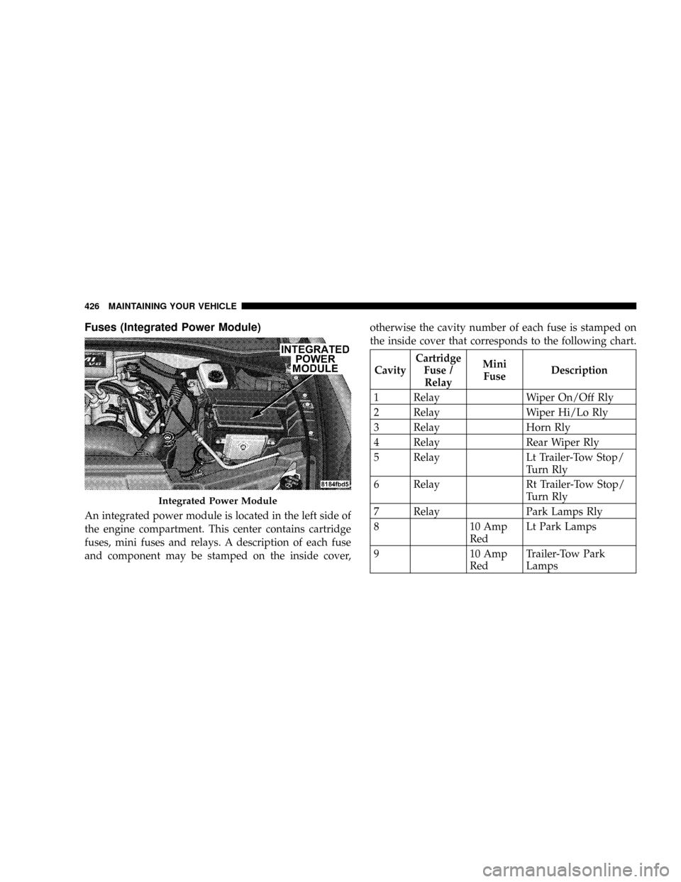 CHRYSLER ASPEN 2008 2.G Owners Manual Fuses (Integrated Power Module)
An integrated power module is located in the left side of
the engine compartment. This center contains cartridge
fuses, mini fuses and relays. A description of each fus