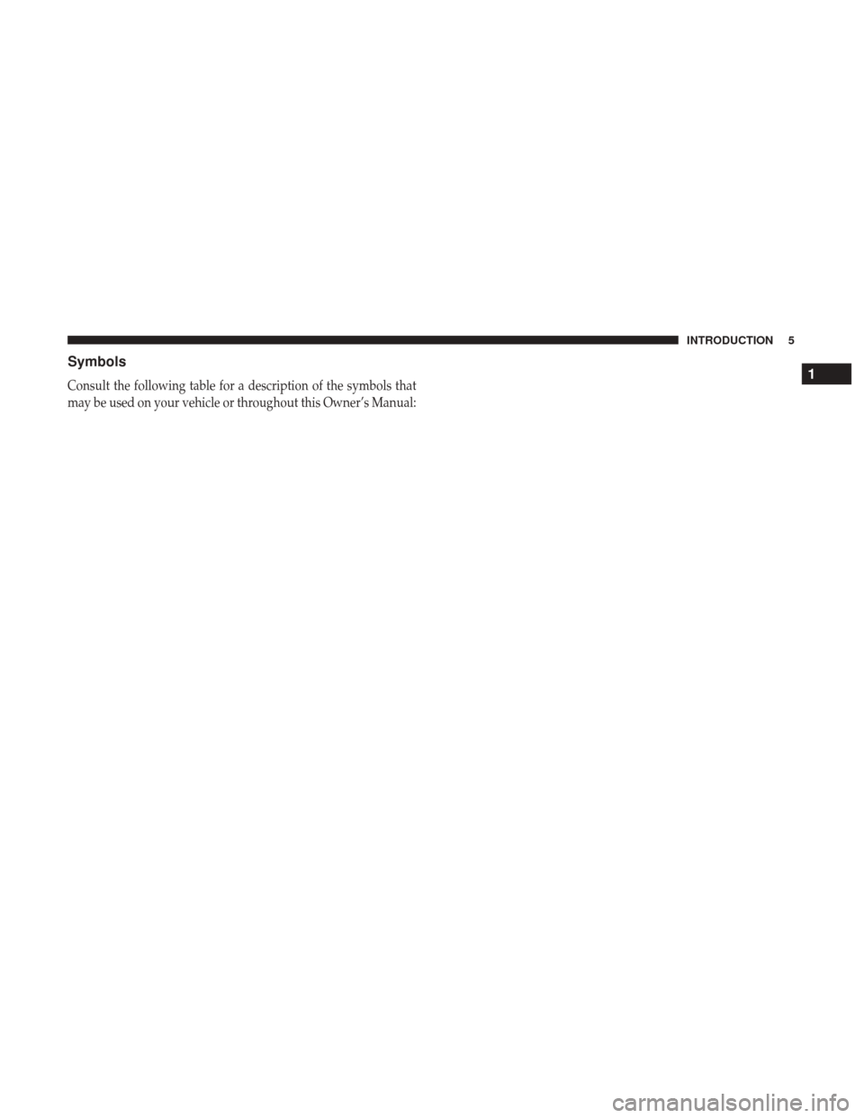 CHRYSLER PACIFICA HYBRID 2017 2.G Owners Manual Symbols
Consult the following table for a description of the symbols that
may be used on your vehicle or throughout this Owner’s Manual:1
INTRODUCTION 5 