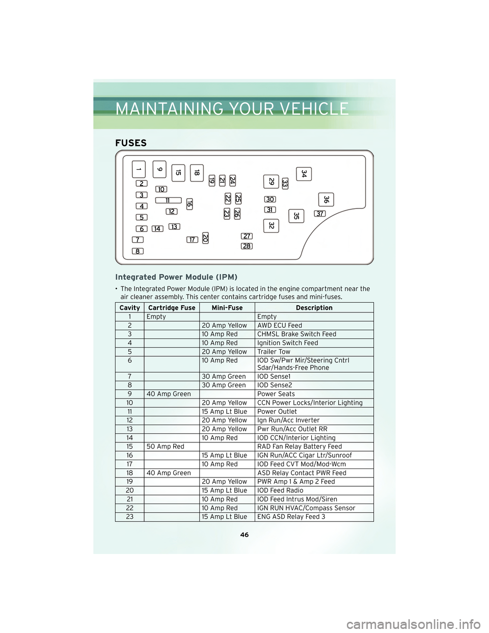 CHRYSLER PT CRUISER 2010 1.G User Guide FUSES
Integrated Power Module (IPM)
• The Integrated Power Module (IPM) is located in the engine compartment near theair cleaner assembly. This center contains cartridge fuses and mini-fuses.
Cavity