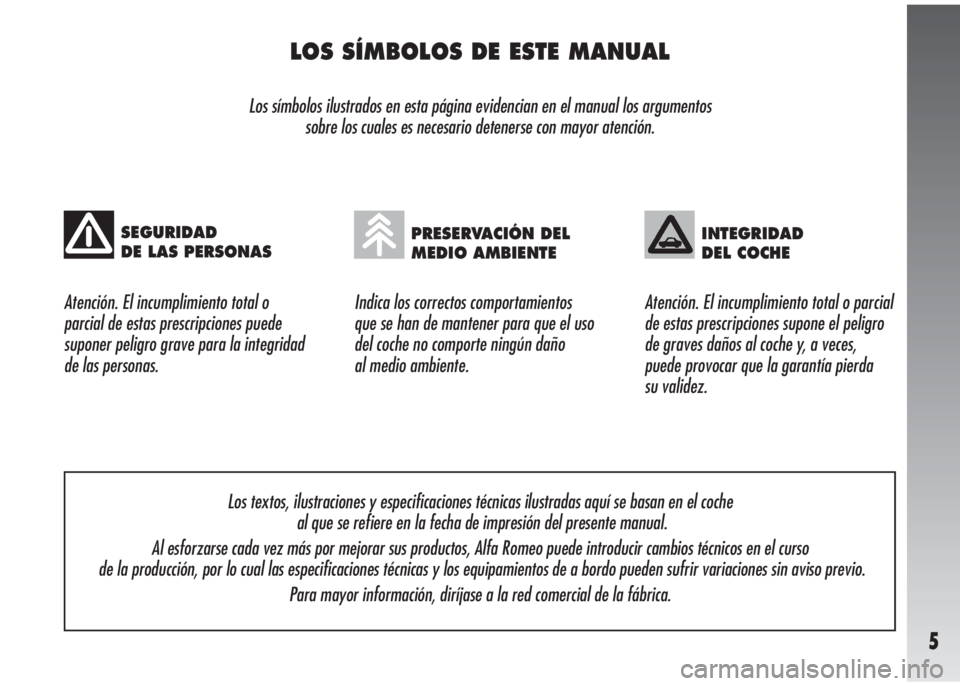 Alfa Romeo 147 2006  Manual de Empleo y Cuidado (in Spanish) 5
LOS SÍMBOLOS DE ESTE MANUAL
Los símbolos ilustrados en esta página evidencian en el manual los argumentos
sobre los cuales es necesario detenerse con mayor atención. 
Indica los correctos compor