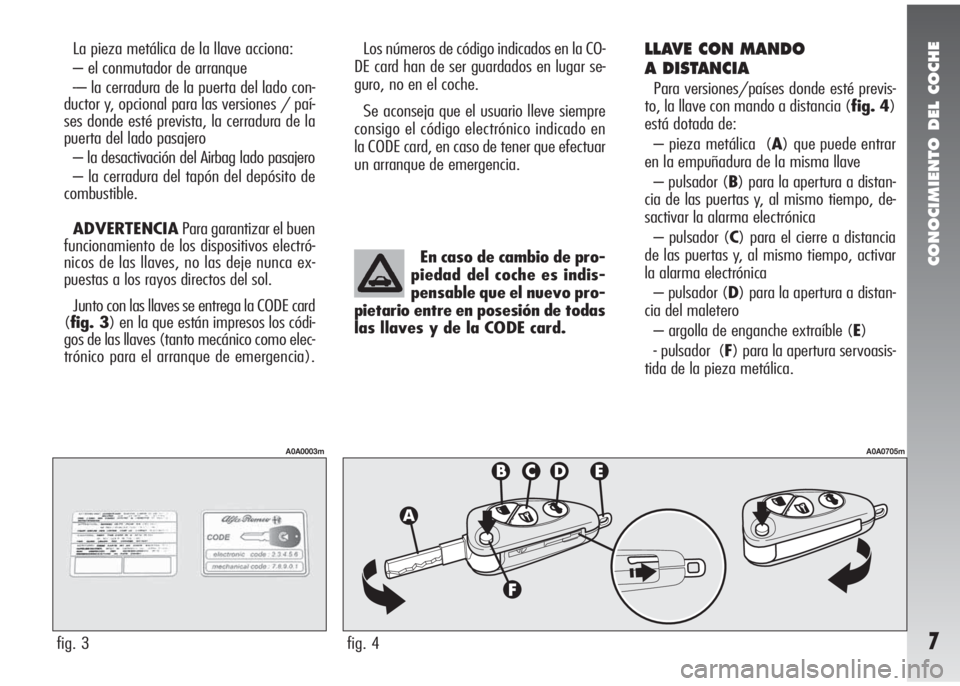 Alfa Romeo 147 2006  Manual de Empleo y Cuidado (in Spanish) CONOCIMIENTO DEL COCHE
7
La pieza metálica de la llave acciona:
– el conmutador de arranque
-– la cerradura de la puerta del lado con-
ductor y, opcional para las versiones / paí-
ses donde est�