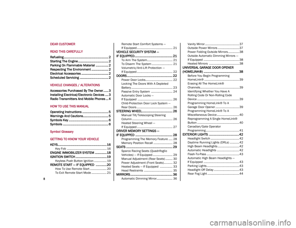 ALFA ROMEO GIULIA 2021  Owners Manual 
8

DEAR CUSTOMER
READ THIS CAREFULLY
Refueling..................................................... 2
Starting The Engine .................................... 2
Parking On Flammable Material ........