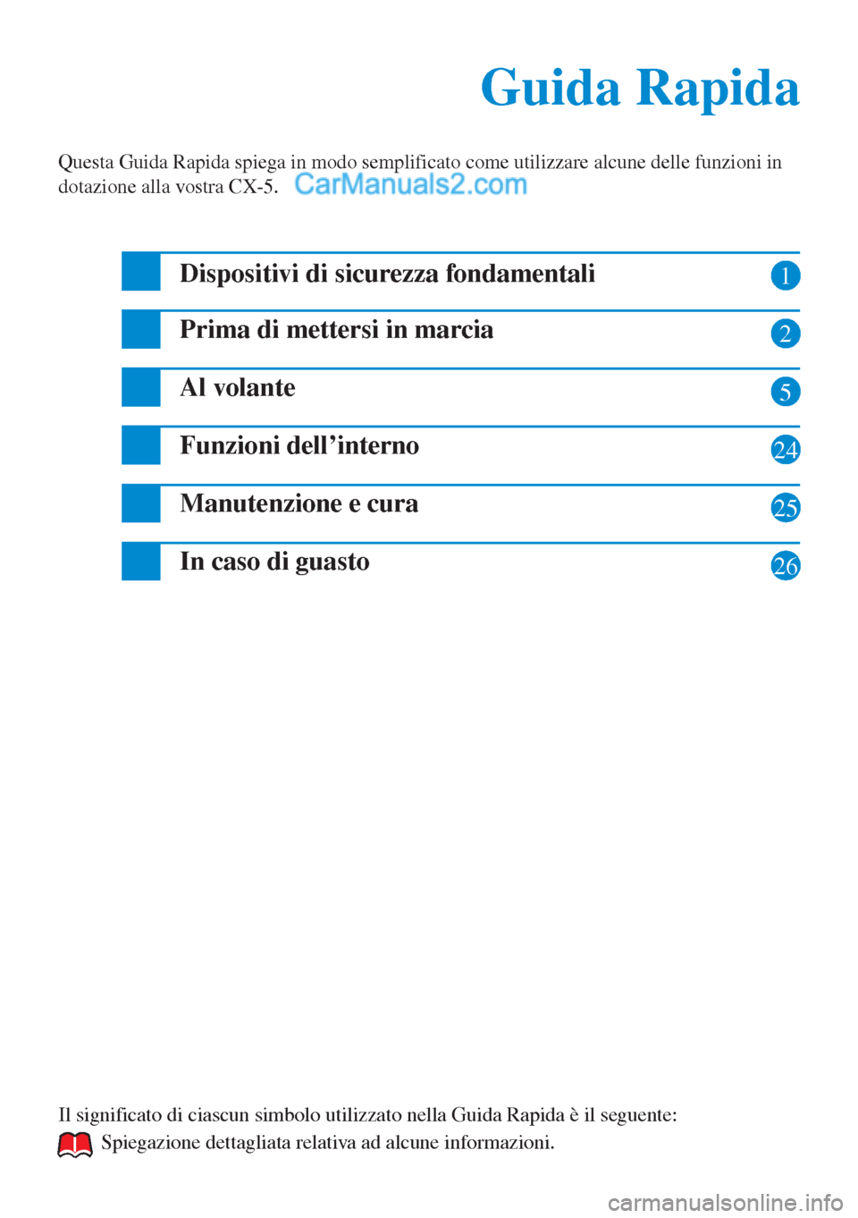 MAZDA MODEL CX-5 2015  Guida Rapida (in Italian) 1
2
5
24
25
Guida Rapida
Guida Rapida
Questa Guida Rapida spiega in modo semplificato come utilizzare alcune delle funzioni in 
dotazione alla vostra CX-5.
Dispositivi di sicurezza fondamentali
Prima 