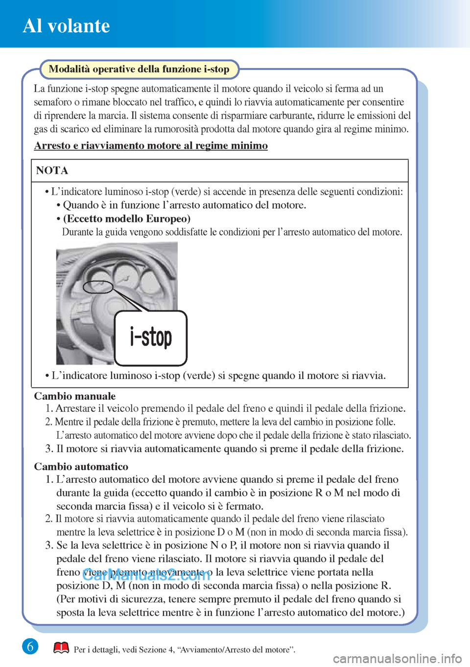 MAZDA MODEL CX-5 2015  Guida Rapida (in Italian) 6
Al volante
Per i dettagli, vedi Sezione 4, “Avviamento/Arresto del motore”.
Modalità operative della funzione i-stop
La funzione i-stop spegne automaticamente il motore quando il veicolo si fer