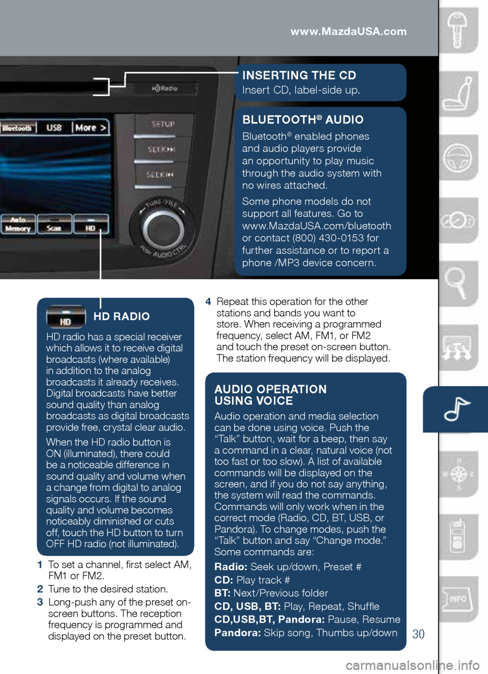 MAZDA MODEL CX-5 2014  Smart Start Guide (in English) 30
Audio Controls (with 5.8” LCD screen)
HD RADIO
HD	radio	has	a	special	receiver	
which	allows	it	to	receive	digital 	
broadcasts	(where	available) 		
in	addition	to	the	analog 	
broadcasts	it	alre