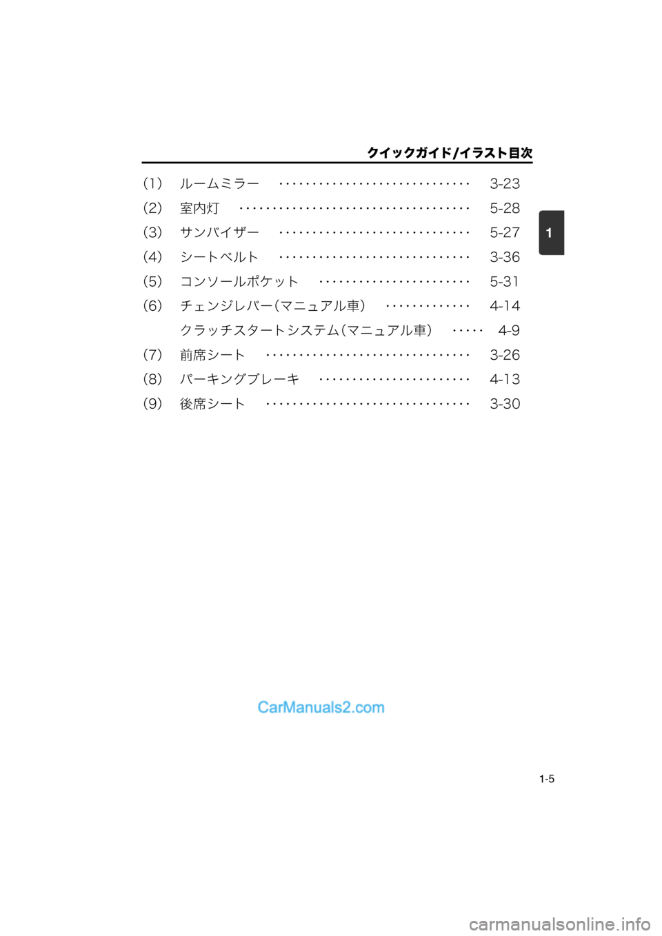 MAZDA MODEL CARROL 2013  取扱説明書 (キャロル) (in Japanese) 1
クイックガイド/イラスト目次
1-5
（1） ルームミラー　 ･････････････････････････････ 　3-23
（2） 室内灯　 ･･