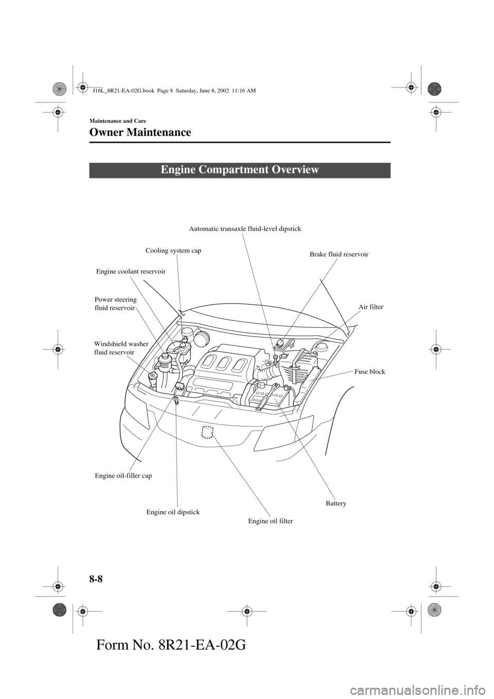 MAZDA MODEL MPV 2003  Owners Manual (in English) 8-8
Maintenance and Care
Owner Maintenance
Form No. 8R21-EA-02G
Engine Compartment Overview
Automatic transaxle fluid-level dipstick 
Cooling system cap
Engine coolant reservoir
Power steering 
fluid 