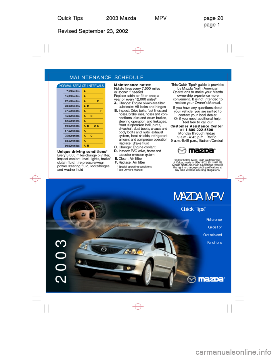 MAZDA MODEL MPV 2003  Quick Tips (in English) Quick Tips 2003 Mazda MPV page 20
page 1
Revised September 23, 2002
MAINTENANCE SCHEDULE 
Maintenance notes:
Rotate tires every 7,500 miles 
o r  sooner if needed
Replace cabin air filter once a 
year
