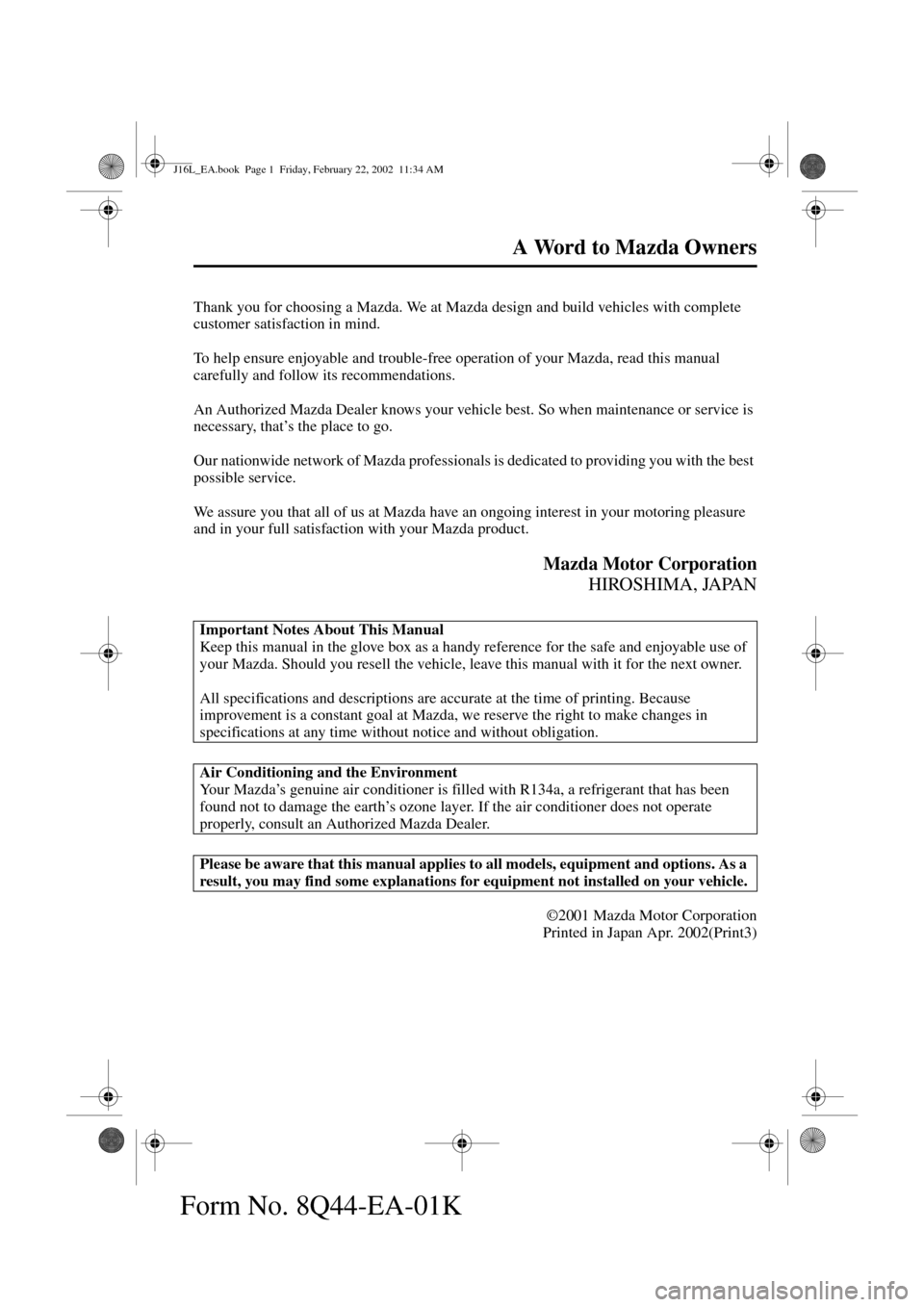 MAZDA MODEL MPV 2002  Owners Manual (in English) 