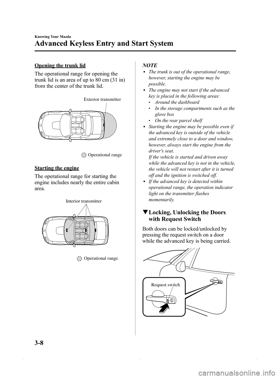 MAZDA MODEL MX-5 2015  Owners Manual (in English) Black plate (62,1)
Opening the trunk lid
The operational range for opening the
trunk lid is an area of up to 80 cm (31 in)
from the center of the trunk lid.
Exterior transmitter
Operational range
Star