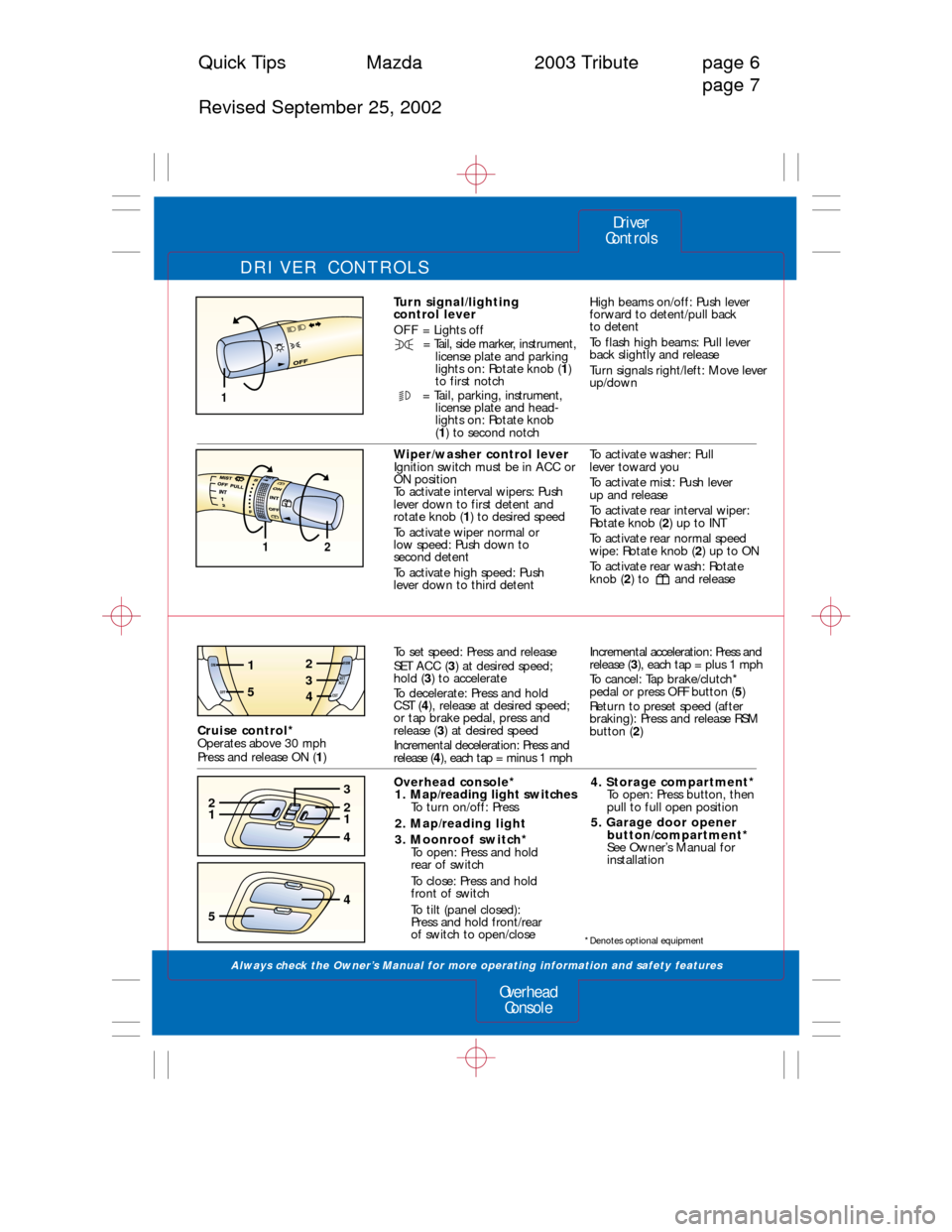 MAZDA MODEL TRIBUTE 2003  Quick Tips (in English) DRIVER CONTROLS
Always check the Owner’s Manual for more operating information and safety features 
Turn signal/lighting 
control lever
OFF= Lights off
= Tail, side marker, instrument,
license plate