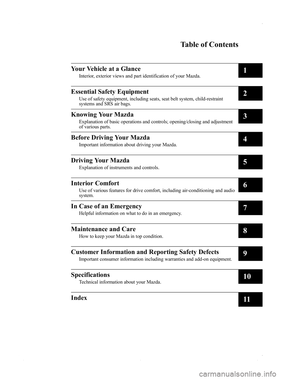 MAZDA MODEL MX-5 MIATA PRHT 2015  Owners Manual Black plate (5,1)
MX-5_8EN7-EA-14E_Edition3 Page5
Friday, September 5 2014 3:19 PM
Form No.8EN7-EA-14E
Table of Contents
Your Vehicle at a Glance
Interior, exterior views and part identification of yo