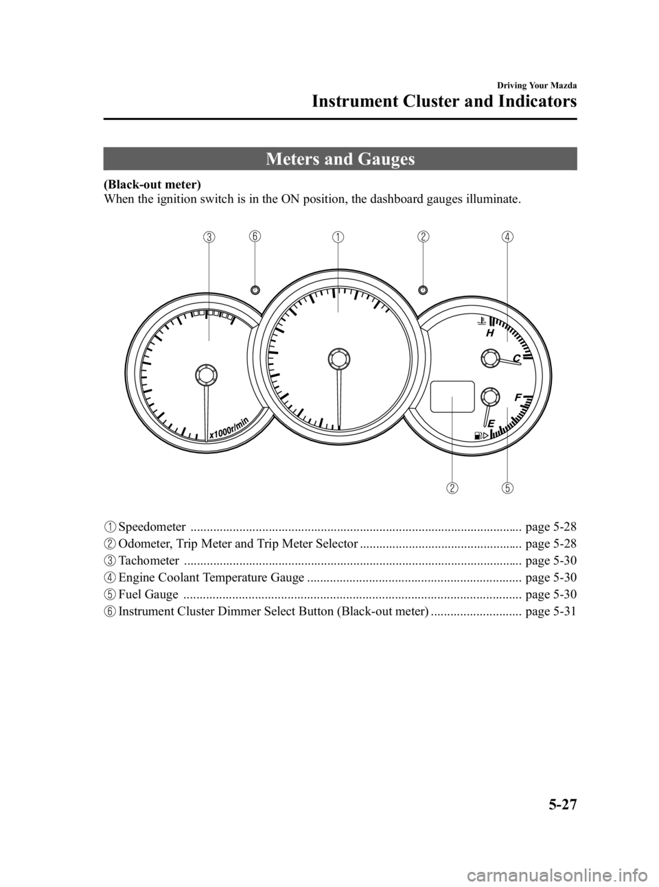 MAZDA MODEL 3 5-DOOR 2005  Owners Manual Black plate (141,1)
Meters and Gauges
(Black-out meter)
When the ignition switch is in the ON position, the dashboard gauges illuminate.
Speedometer ...................................................