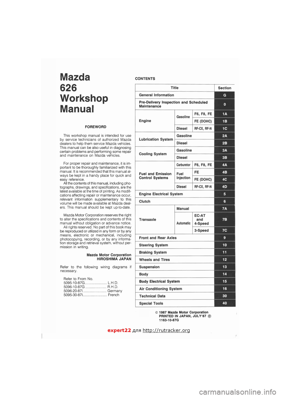 MAZDA 626 1987  Workshop Manual 
Mazda 
626 
Workshop 
Manual 
FOREWORD 
This workshop manual is intended for use 
by service technicians of authorized Mazda 
dealers to help them service Mazda vehicles. 
This manual can be also use